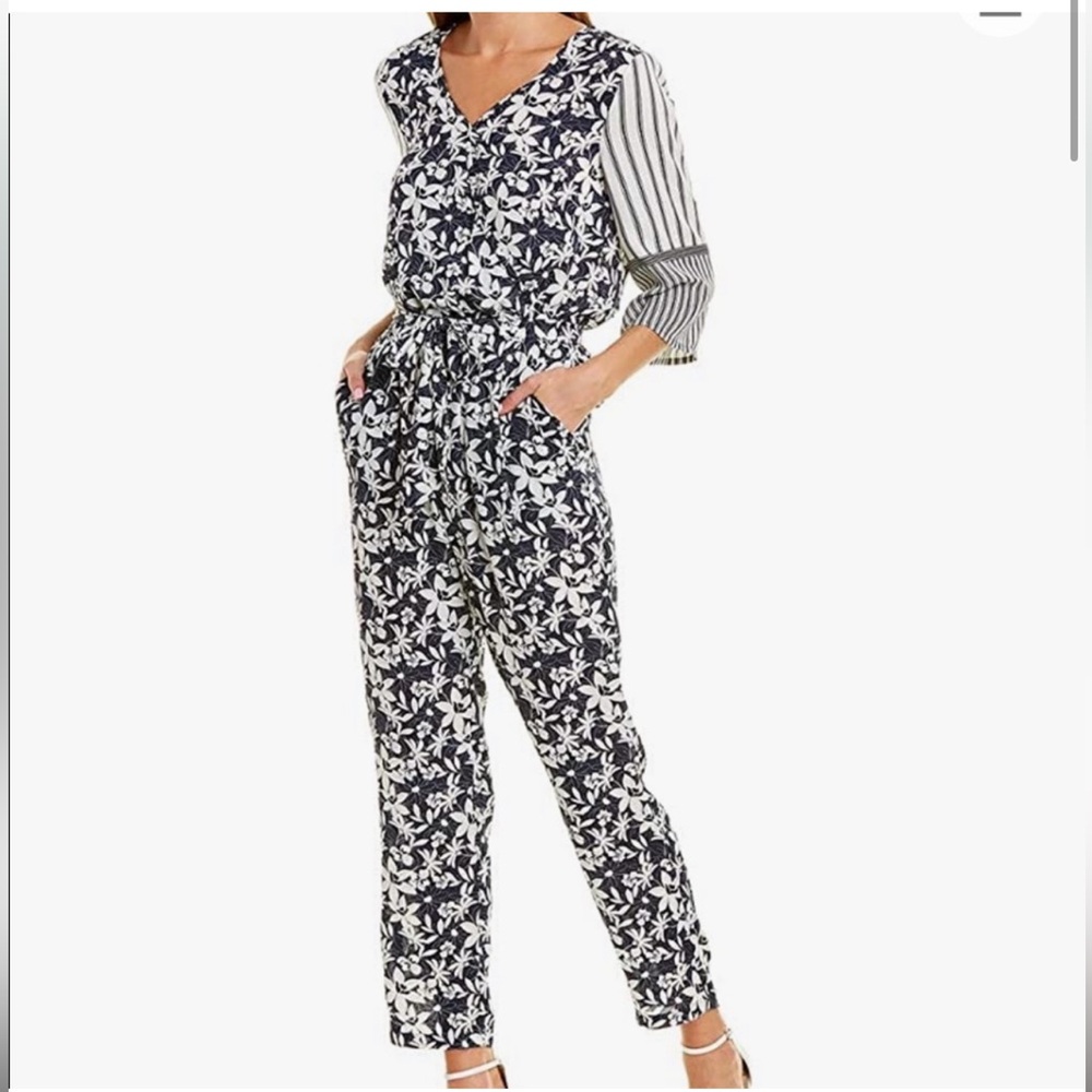 Vince Camuto Women's 3/4 Sleeve Floral Lace Mix Print Jumpsuit large - Picture 2 of 7
